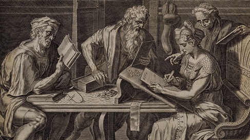 Three men read while a woman writes numerals. Engraving by C Cort, 1565, after F Floris, c 1557. Created 1565.